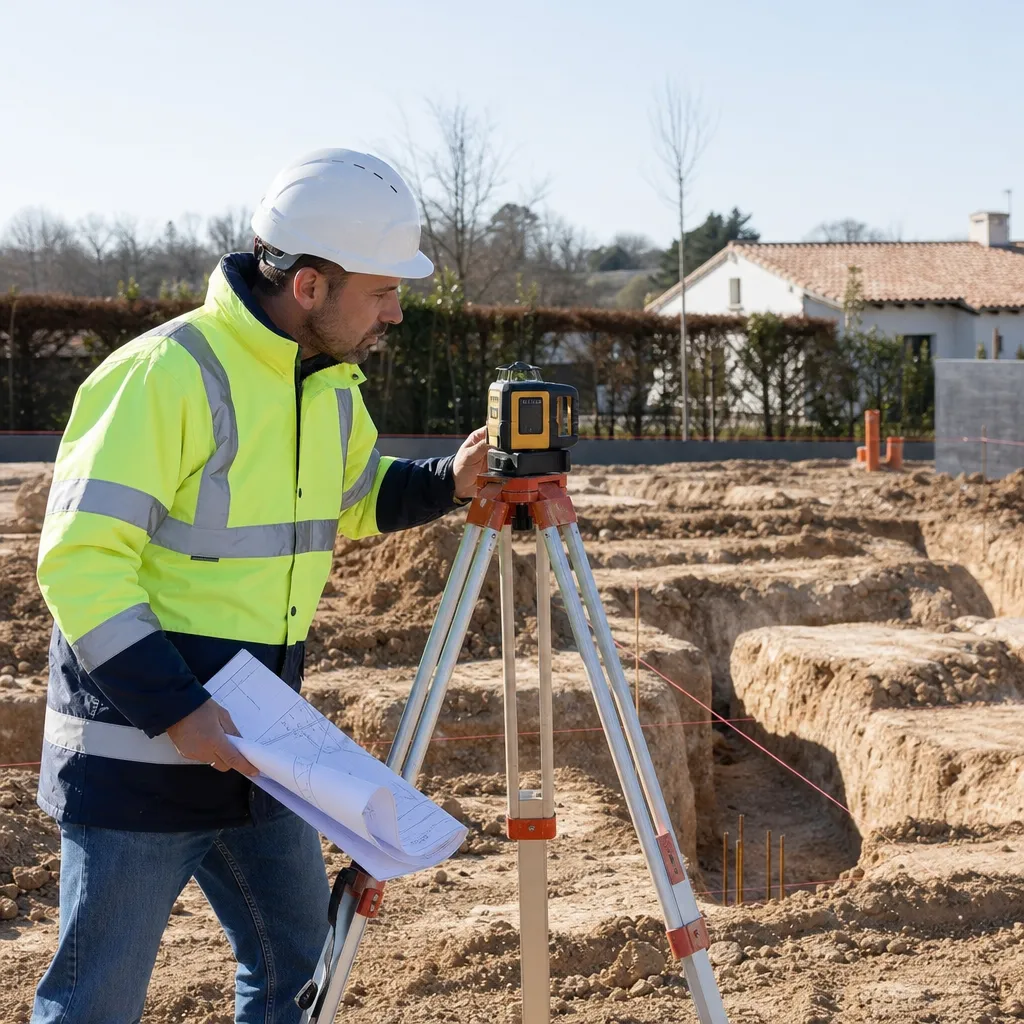 Expert Check my House contrôlant l'implantation des fondations au niveau laser dans le Val de Marne (94)