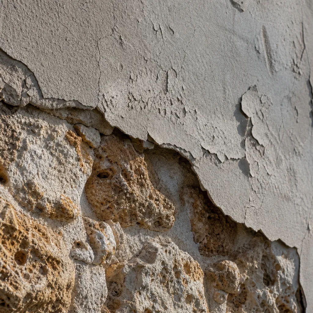 Détail d’un mur en pierre meulière avec enduit ciment fissuré dans le Val de Marne