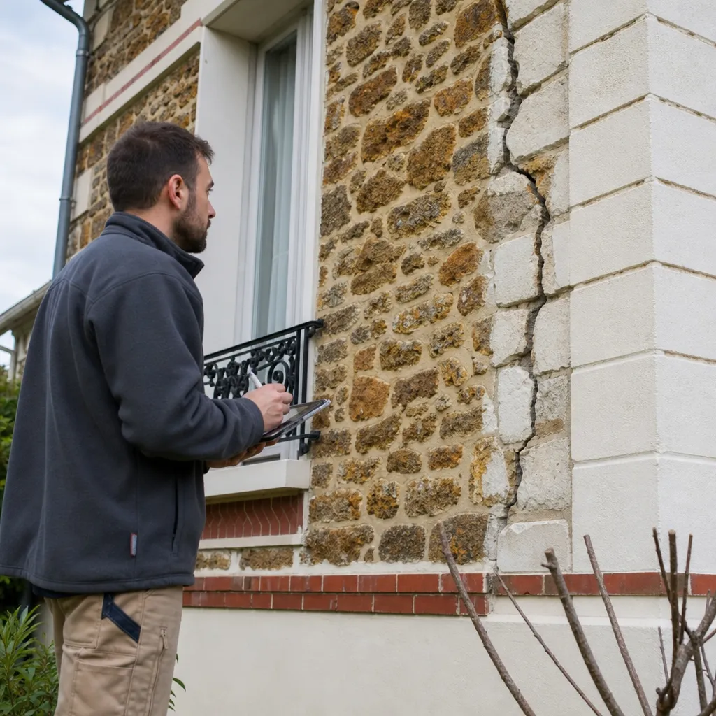 Expert en bâtiment analysant une fissure sur un pavillon en meulière dans le Val de Marne
