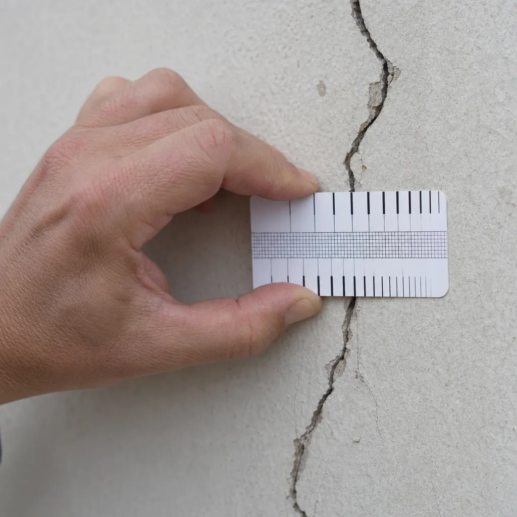 Expert mesurant l’ouverture d’une fissure sur un mur dans le Val de Marne