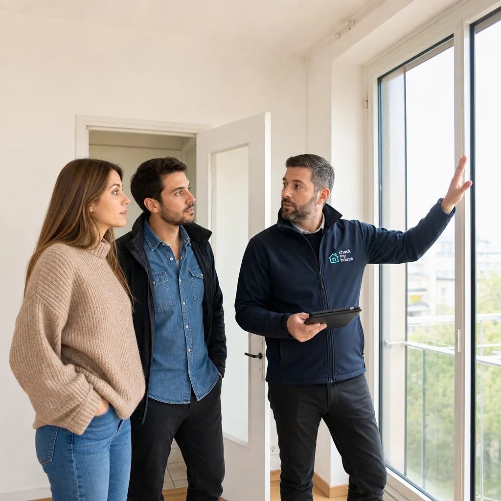 Expert en bâtiment Check my House accompagnant un couple lors d'une expertise avant achat immobilier dans le Val de Marne (94)