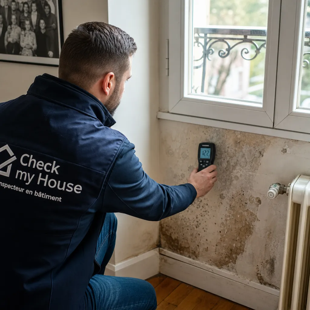 Expert en bâtiment Check my House mesurant l'humidité d'un mur avec un humidimètre dans le Val de Marne (94)