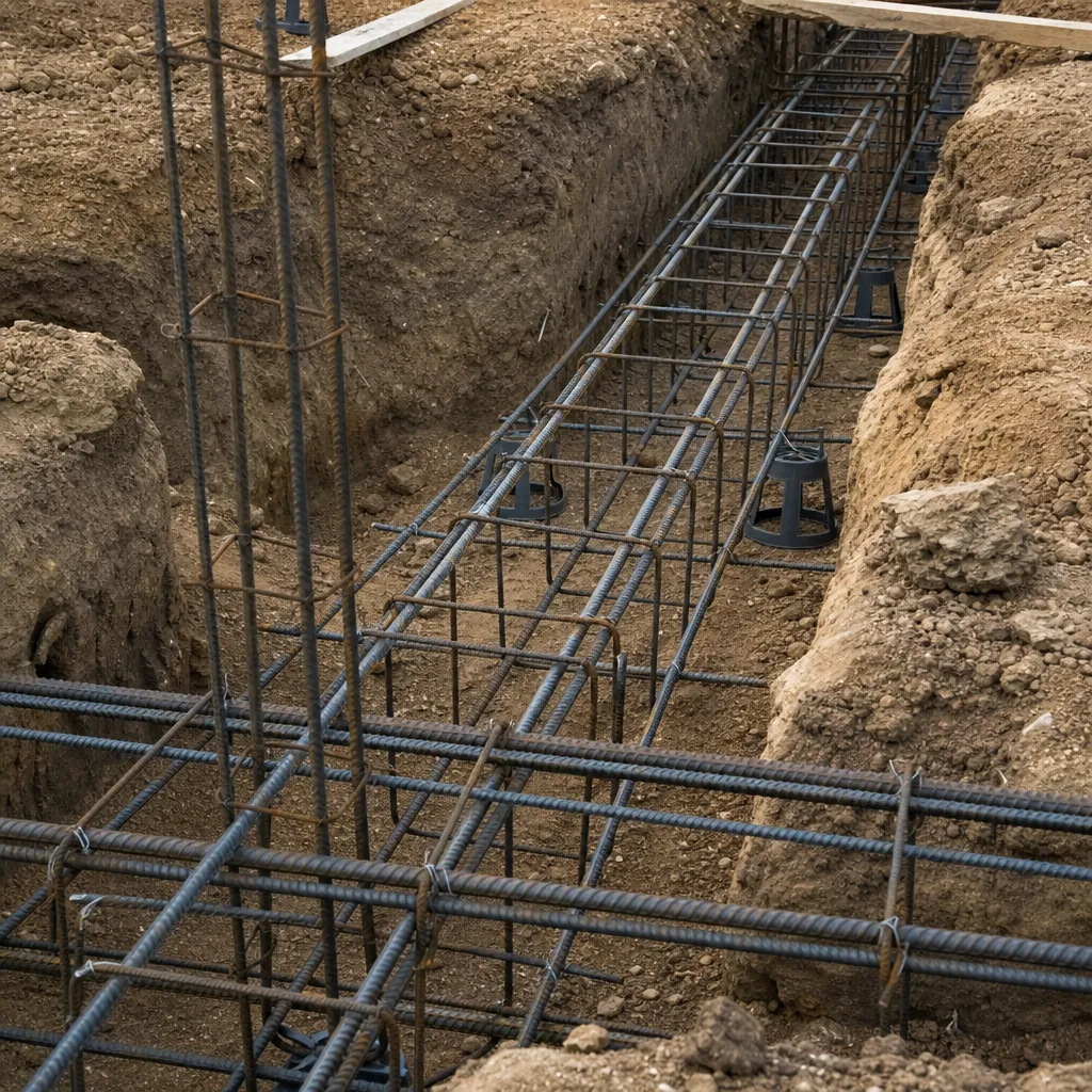 Armatures et ferraillage des semelles de fondation d'une maison neuve avant coulage dans le Val de Marne (94)