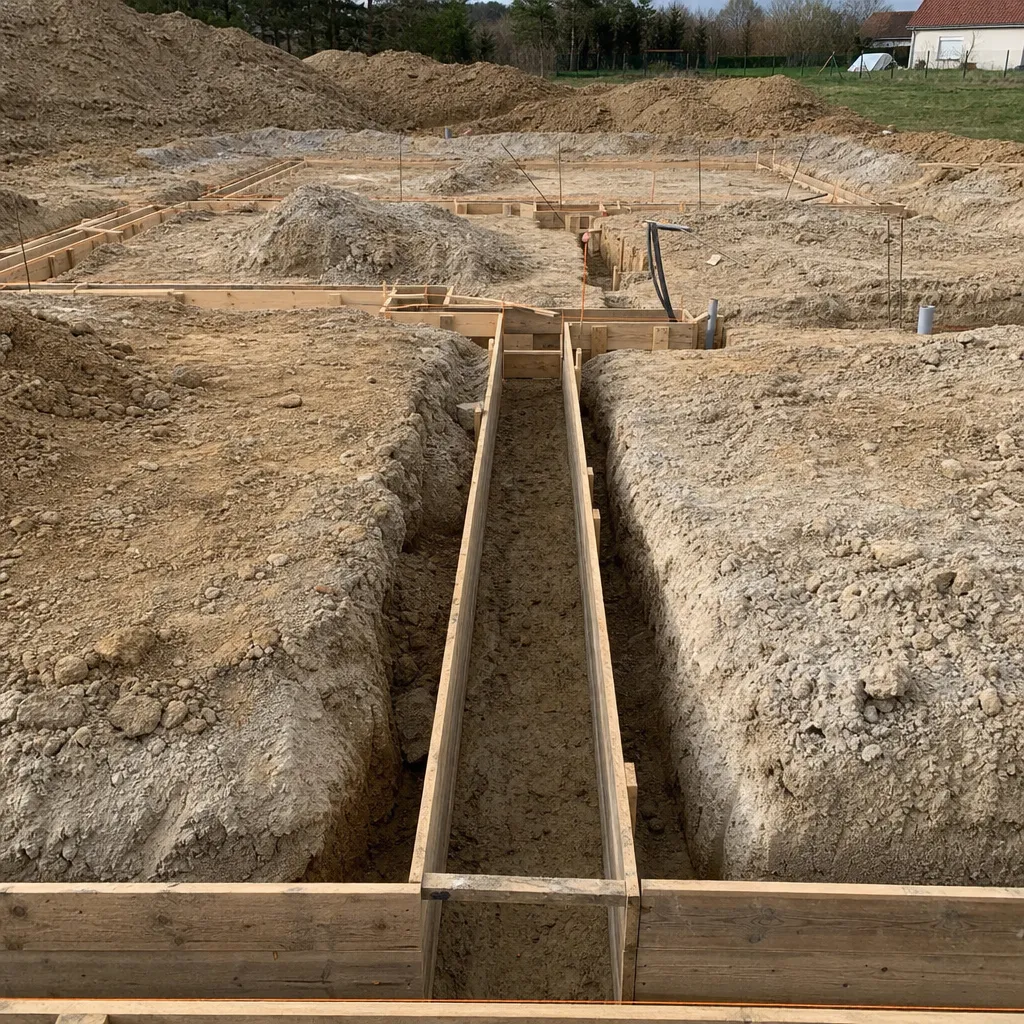Fond de fouille et tranchées de fondation d'une maison neuve avant coulage du béton dans le Val de Marne (94)