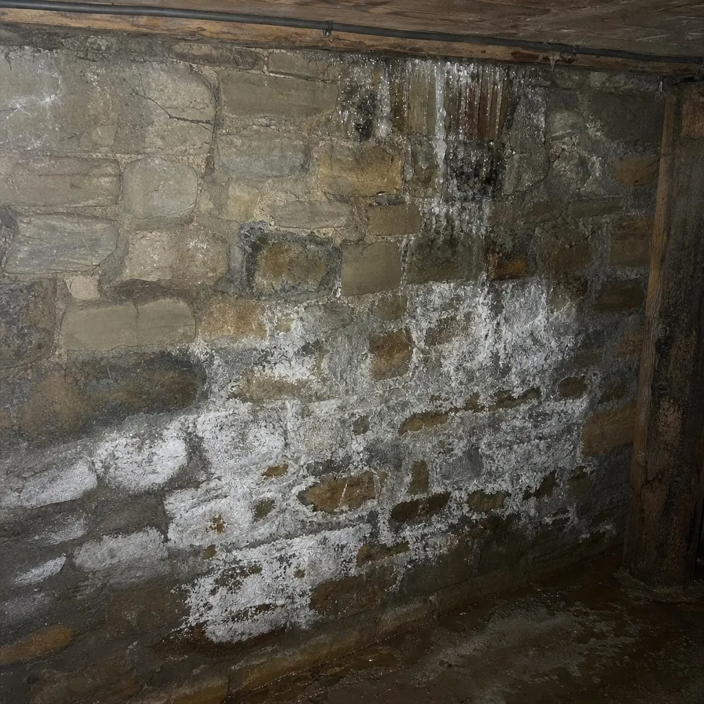 Infiltrations et efflorescences sur un mur de cave semi-enterrée dans le Val de Marne (94)