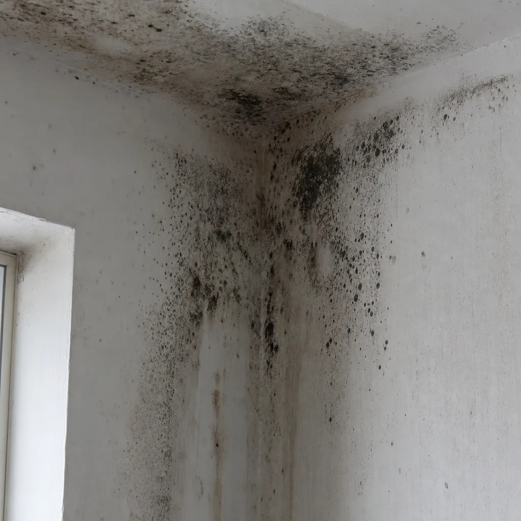 Moisissures noires de condensation dans l’angle d’une pièce mal ventilée dans le Val de Marne (94)