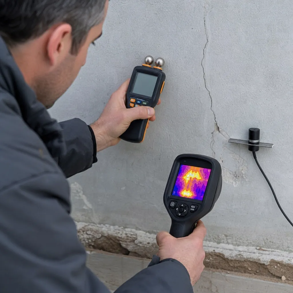 Expert utilisant hygrometre et fissurometre pour detecter un vice cache lors d une expertise dans le Val de Marne