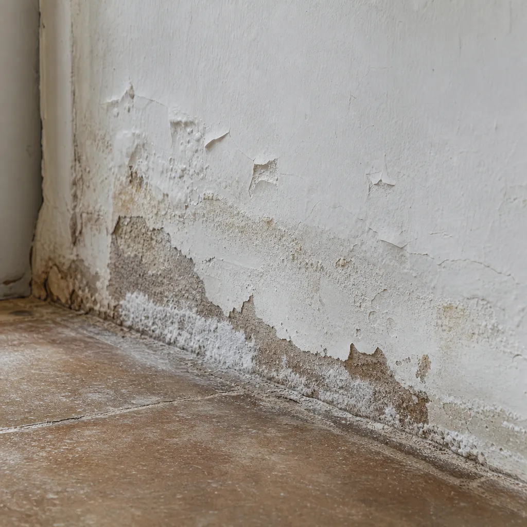 Remontées capillaires et salpêtre en bas d’un mur de maison dans le Val de Marne (94)